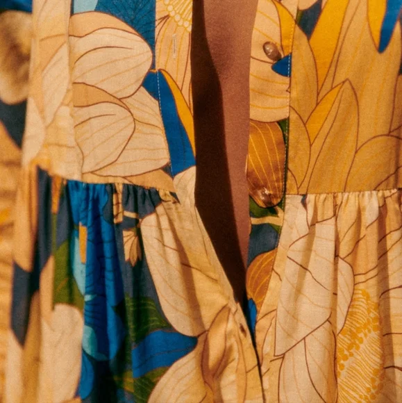 Sezane Hilma Long Sleeve Floral Dress - Blue and Yellow -Sezane X Farm Rio